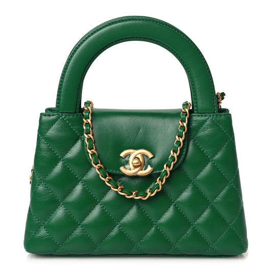 Chanel Shiny Aged Calfskin Quilted Nano Kelly Shopper Green