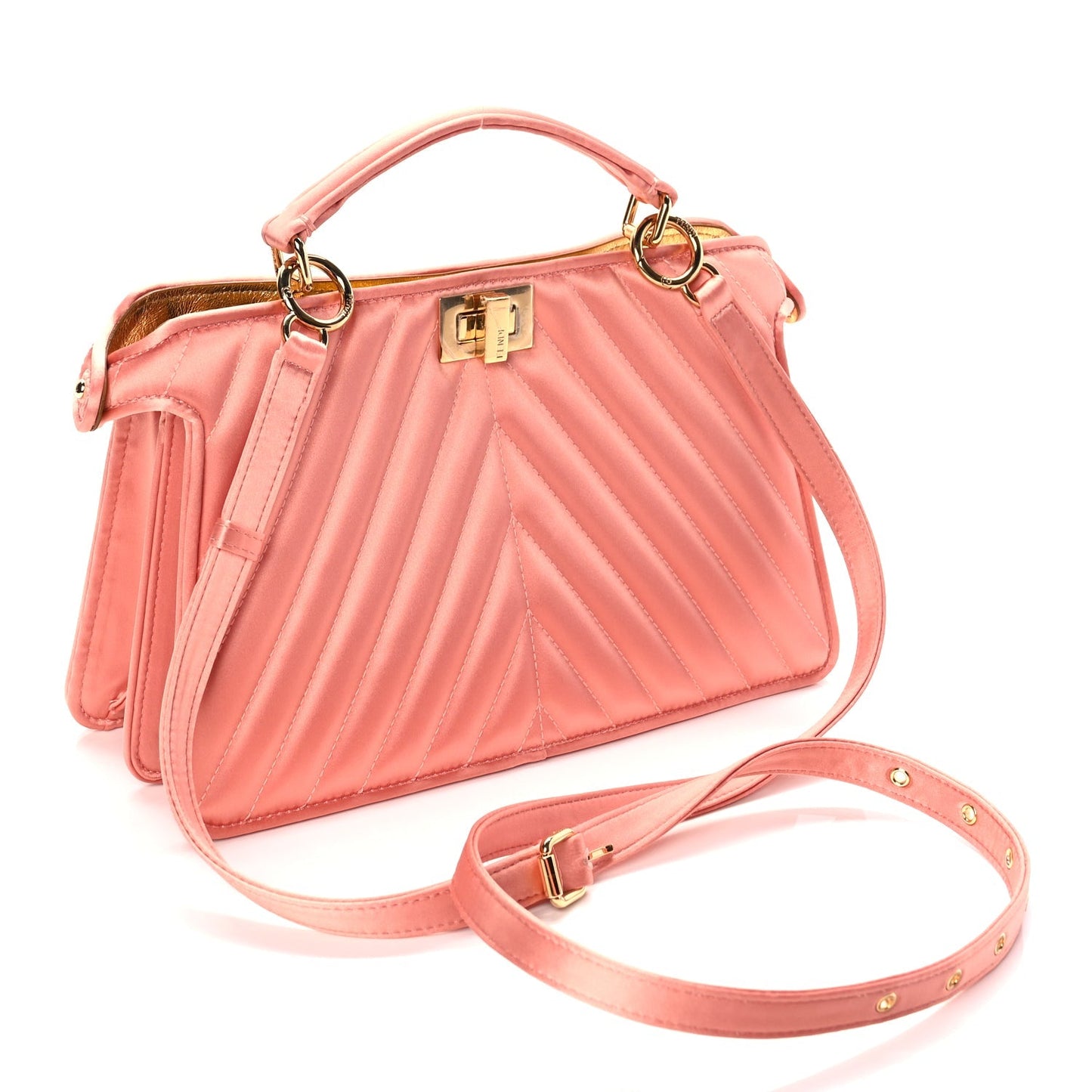 Fendi Raso Satin Trapunatato Medium Peekaboo I SEE U East West Satchel Rosa Quarzo Oro