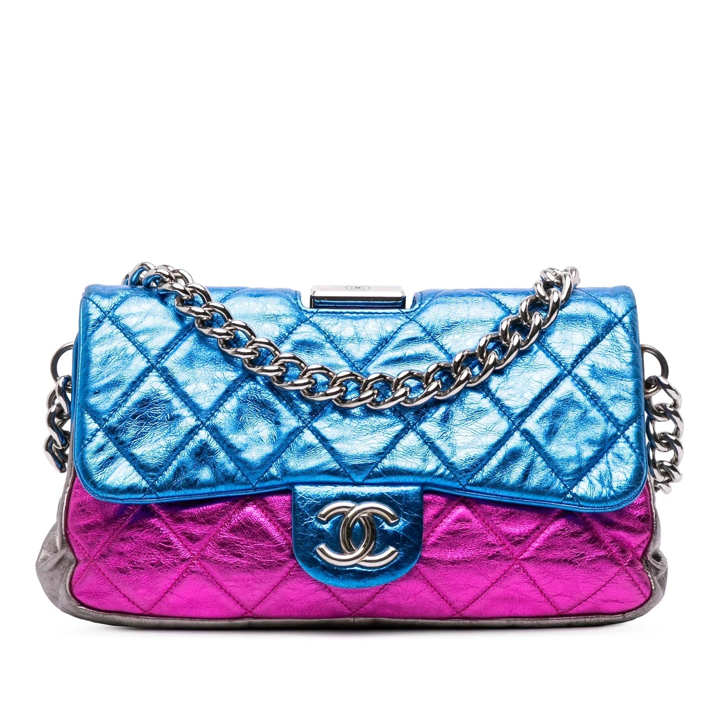 Multi Chanel Multicolor Metallic Quilted Calfskin Modern Chain Flap Frame Bag