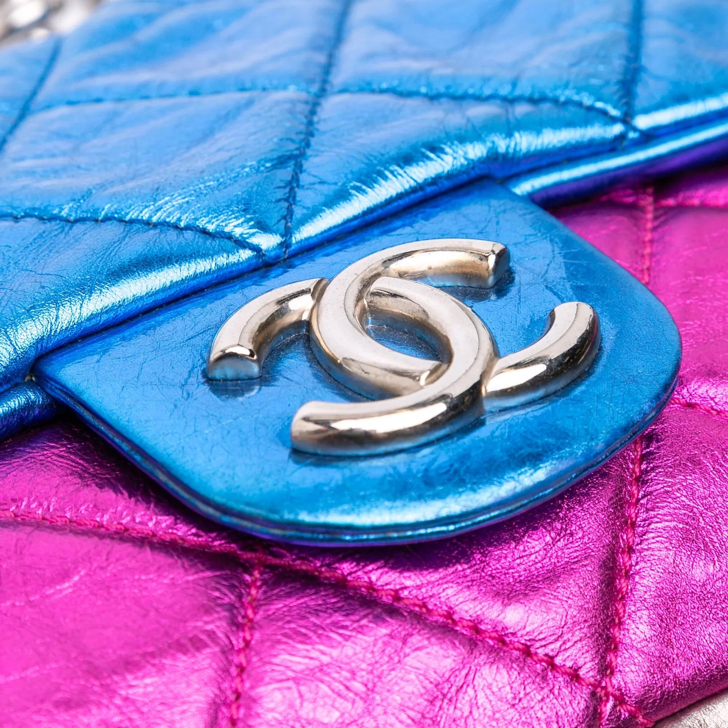 Multi Chanel Multicolor Metallic Quilted Calfskin Modern Chain Flap Frame Bag