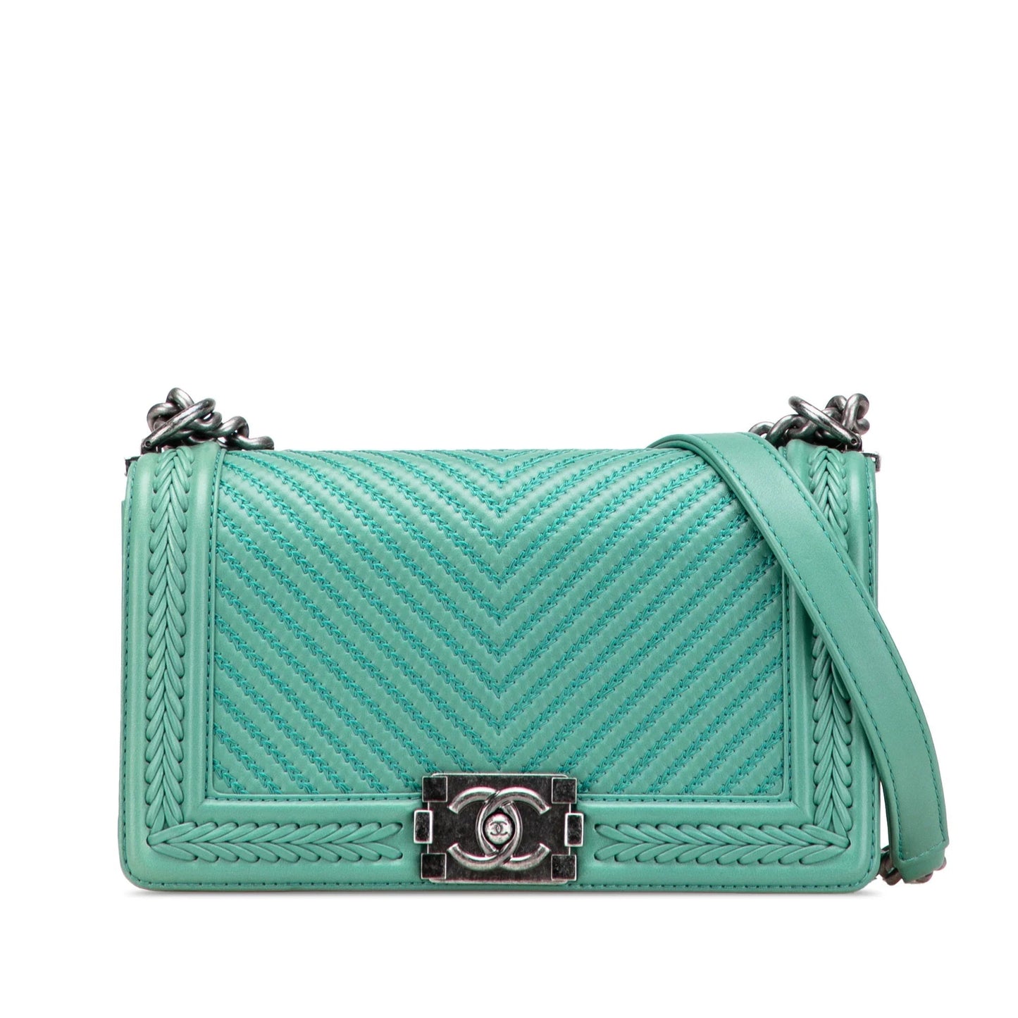 Green Chanel New Medium Braided Chevron Lambskin Boy Flap Crossbody Bag
