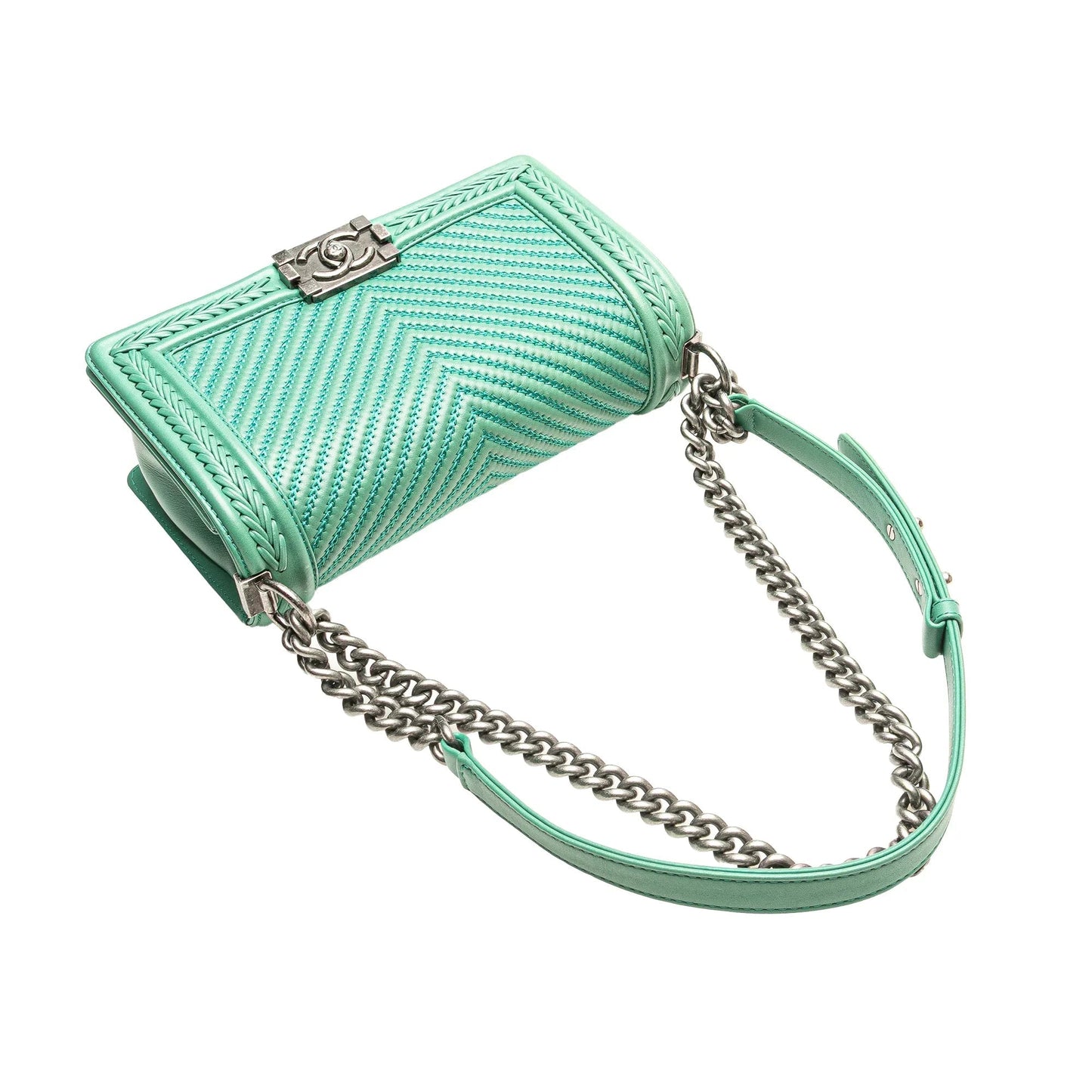 Green Chanel New Medium Braided Chevron Lambskin Boy Flap Crossbody Bag