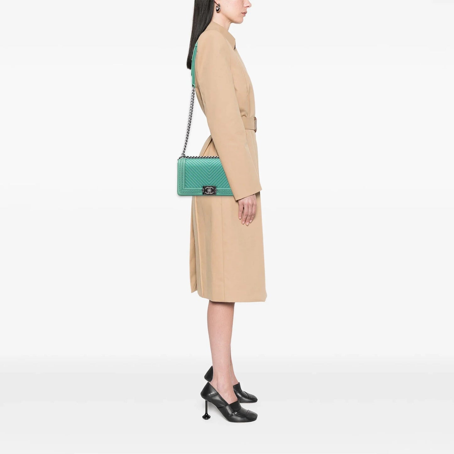 Green Chanel New Medium Braided Chevron Lambskin Boy Flap Crossbody Bag