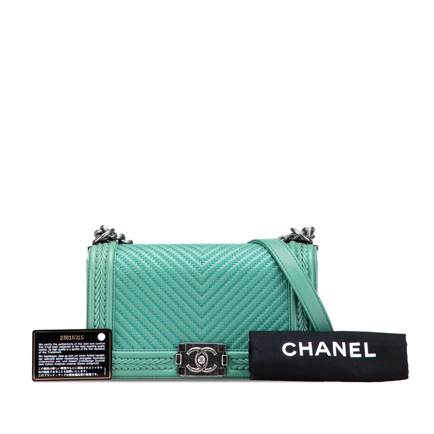 Green Chanel New Medium Braided Chevron Lambskin Boy Flap Crossbody Bag