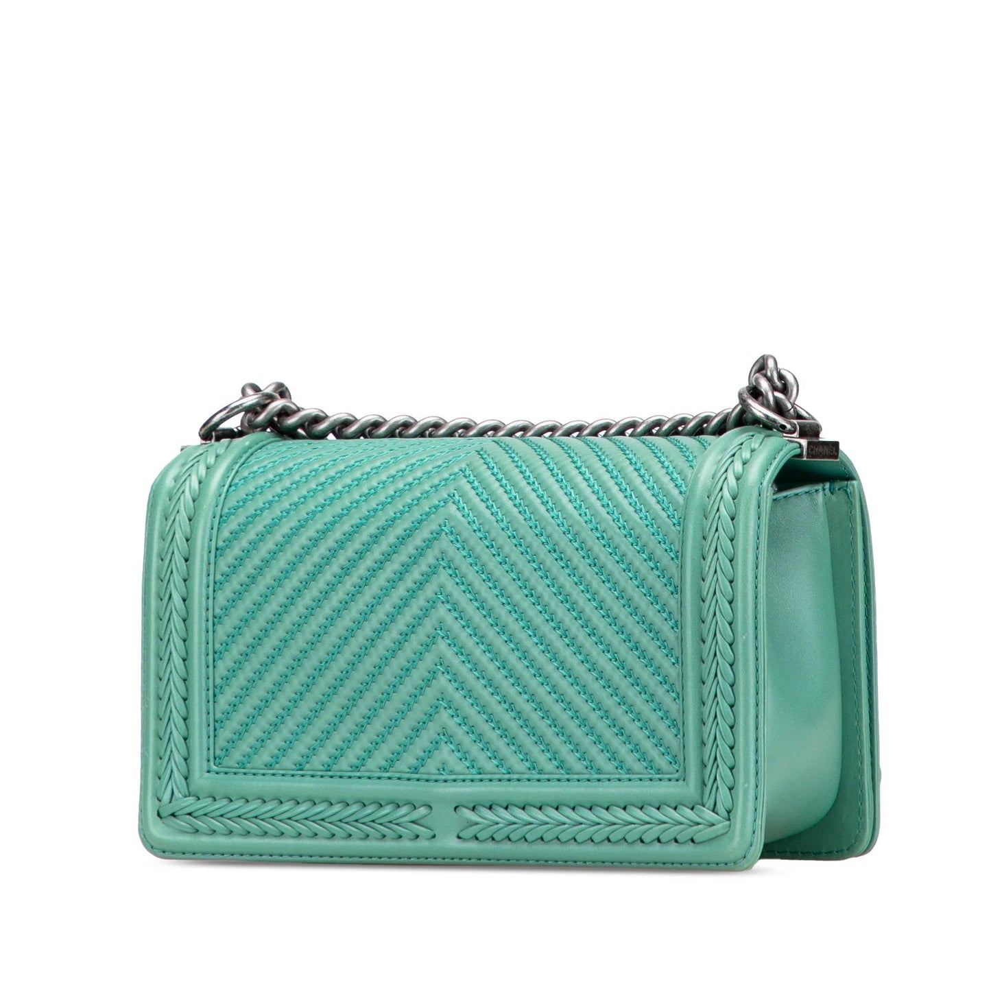 Green Chanel New Medium Braided Chevron Lambskin Boy Flap Crossbody Bag