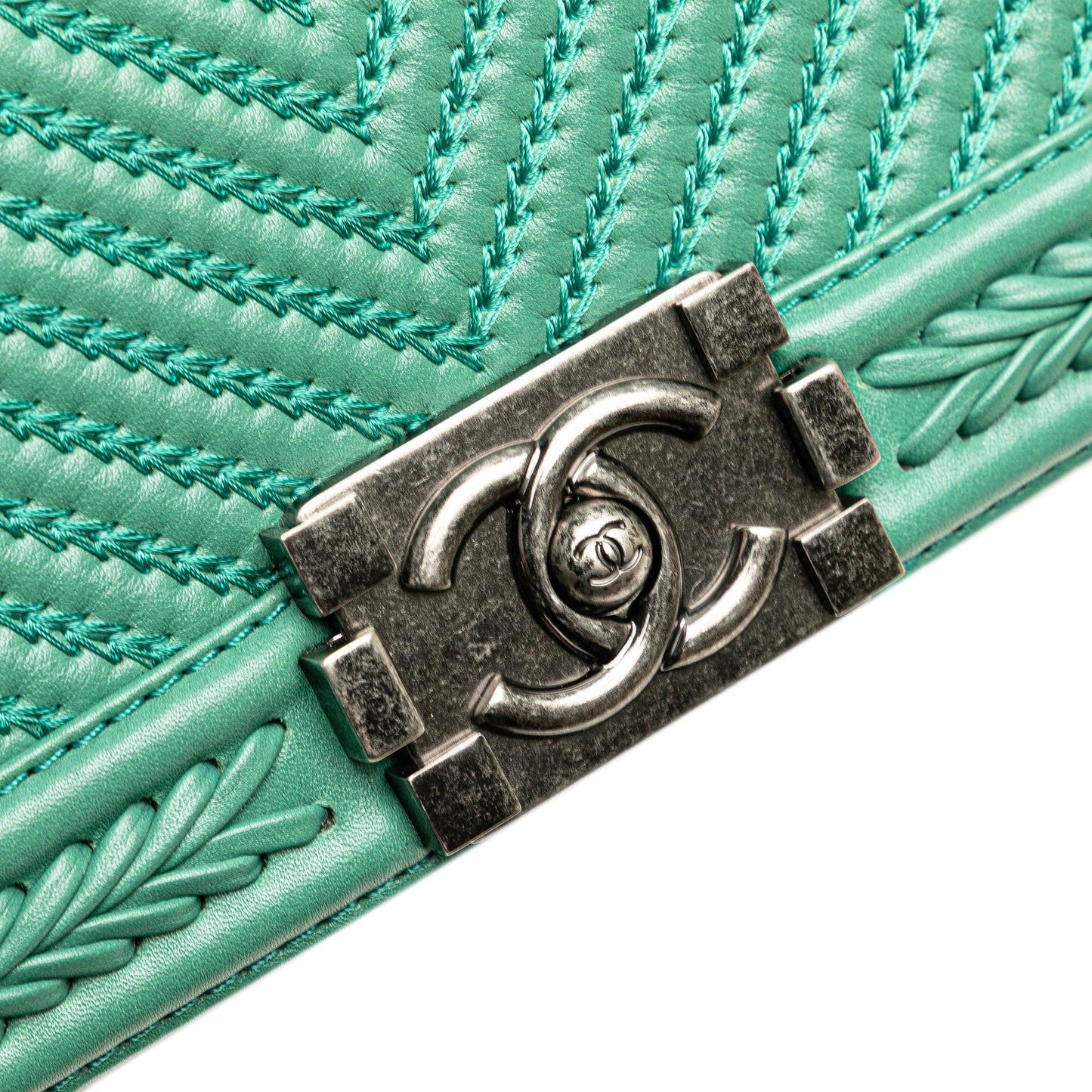 Green Chanel New Medium Braided Chevron Lambskin Boy Flap Crossbody Bag