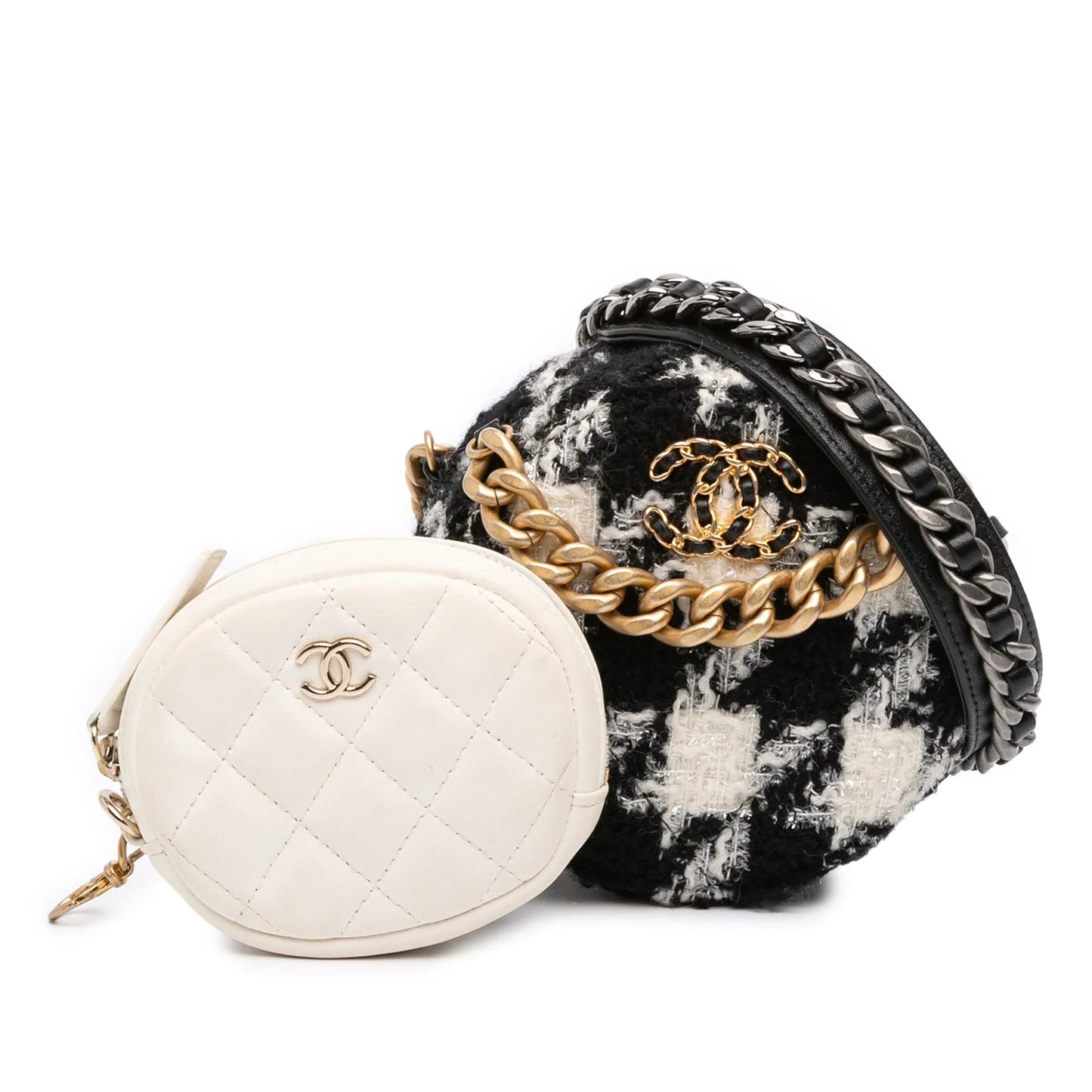White Chanel Tweed 19 Round Clutch with Chain and Coin Purse Satchel