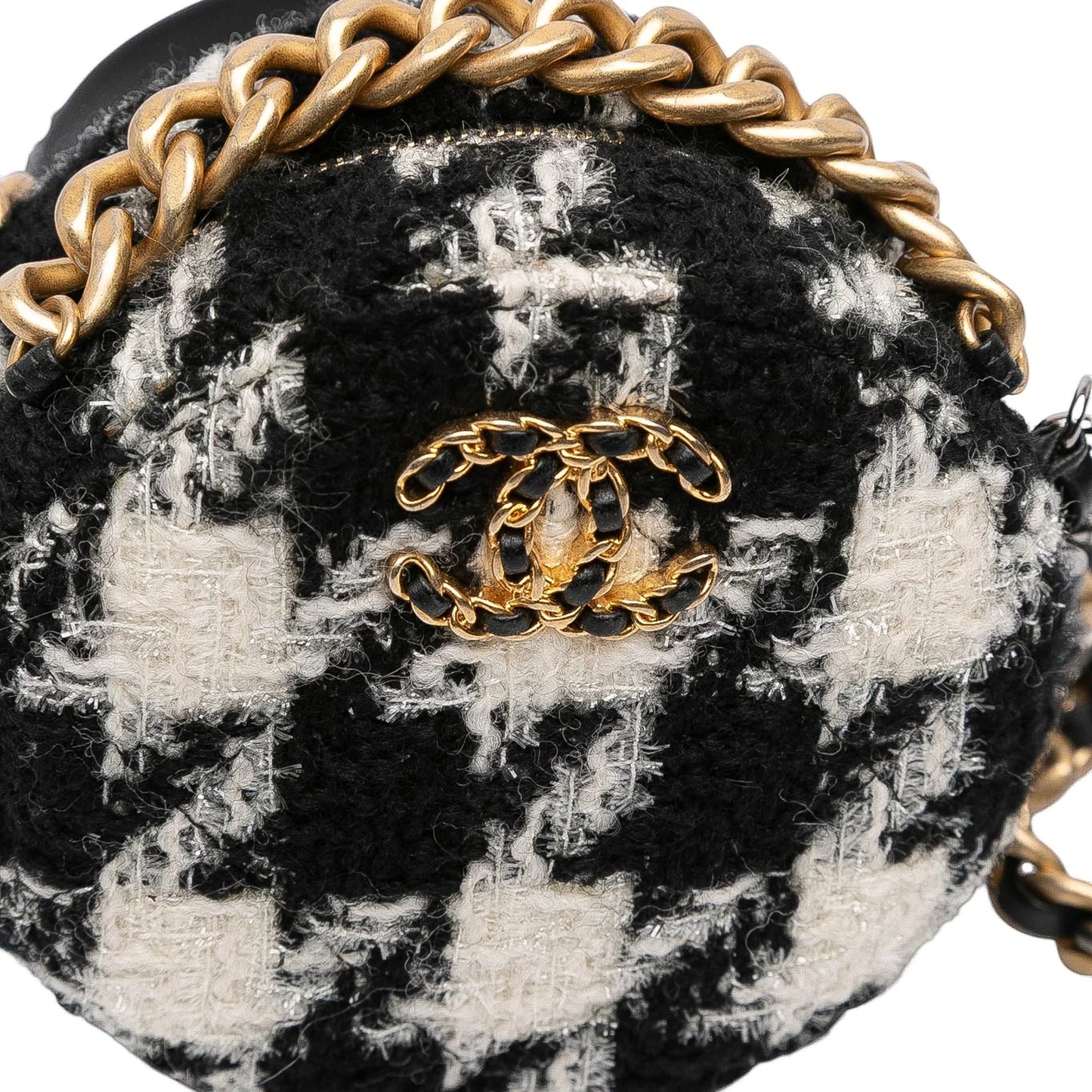 White Chanel Tweed 19 Round Clutch with Chain and Coin Purse Satchel