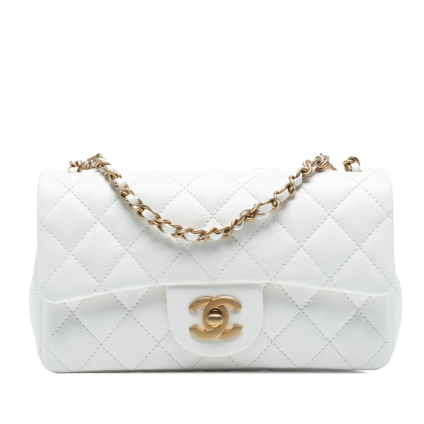 White Chanel Mini Rectangular Classic Lambskin Romance Single Flap Crossbody Bag