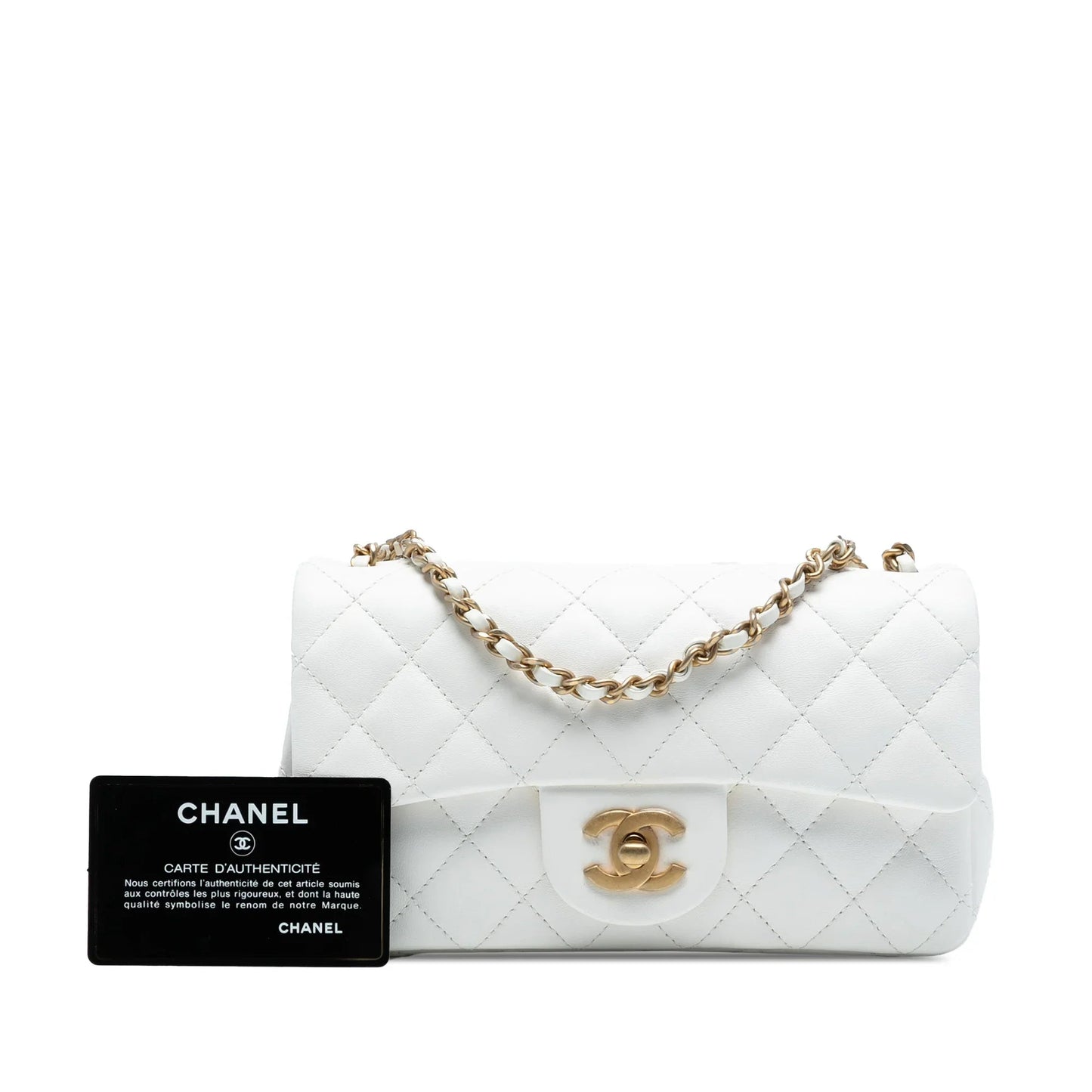 White Chanel Mini Rectangular Classic Lambskin Romance Single Flap Crossbody Bag