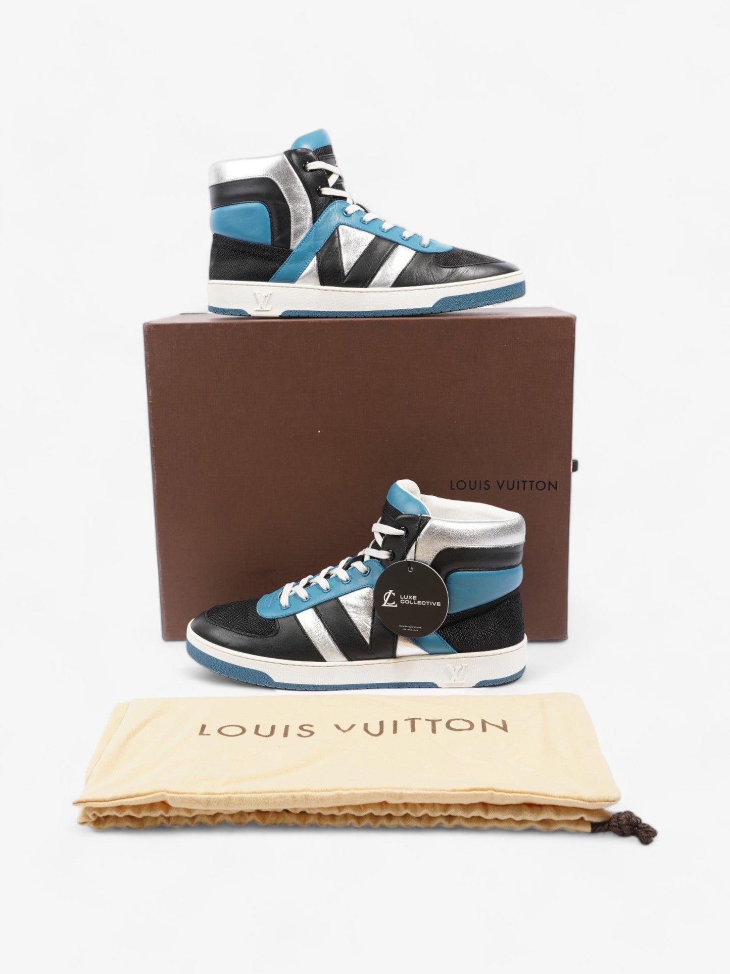 Louis Vuitton High Top Sneakers Black / Blue / Silver Leather EU 39.5 UK 6.5