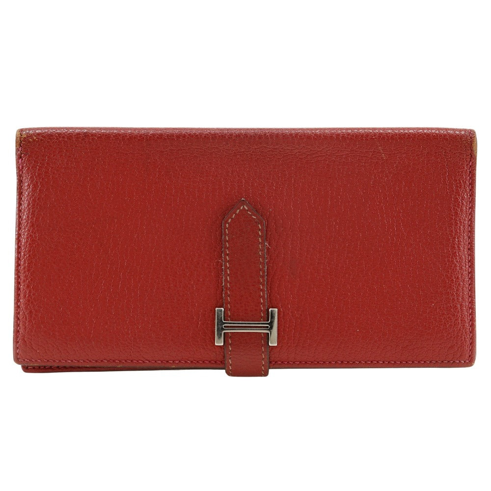 HERMES Bifold Wallet leather Red Beansufla Women  d