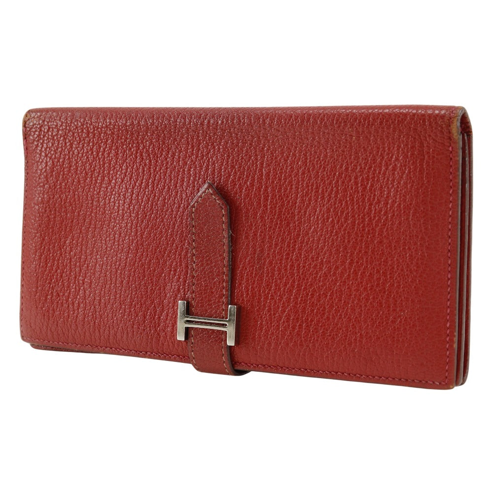HERMES Bifold Wallet leather Red Beansufla Women  d