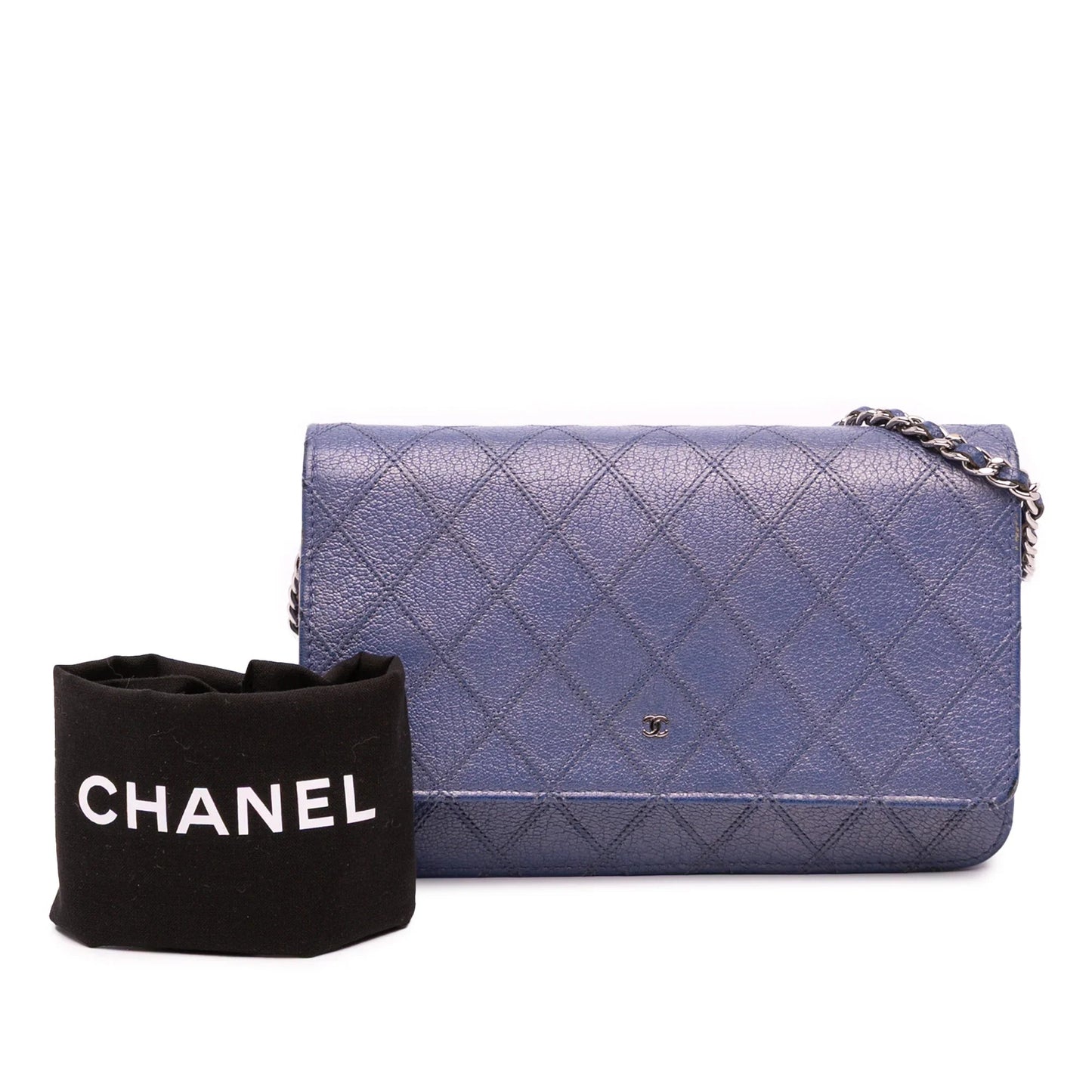 Blue Chanel CC Calfskin Double Stitched Wallet on Chain Crossbody Bag