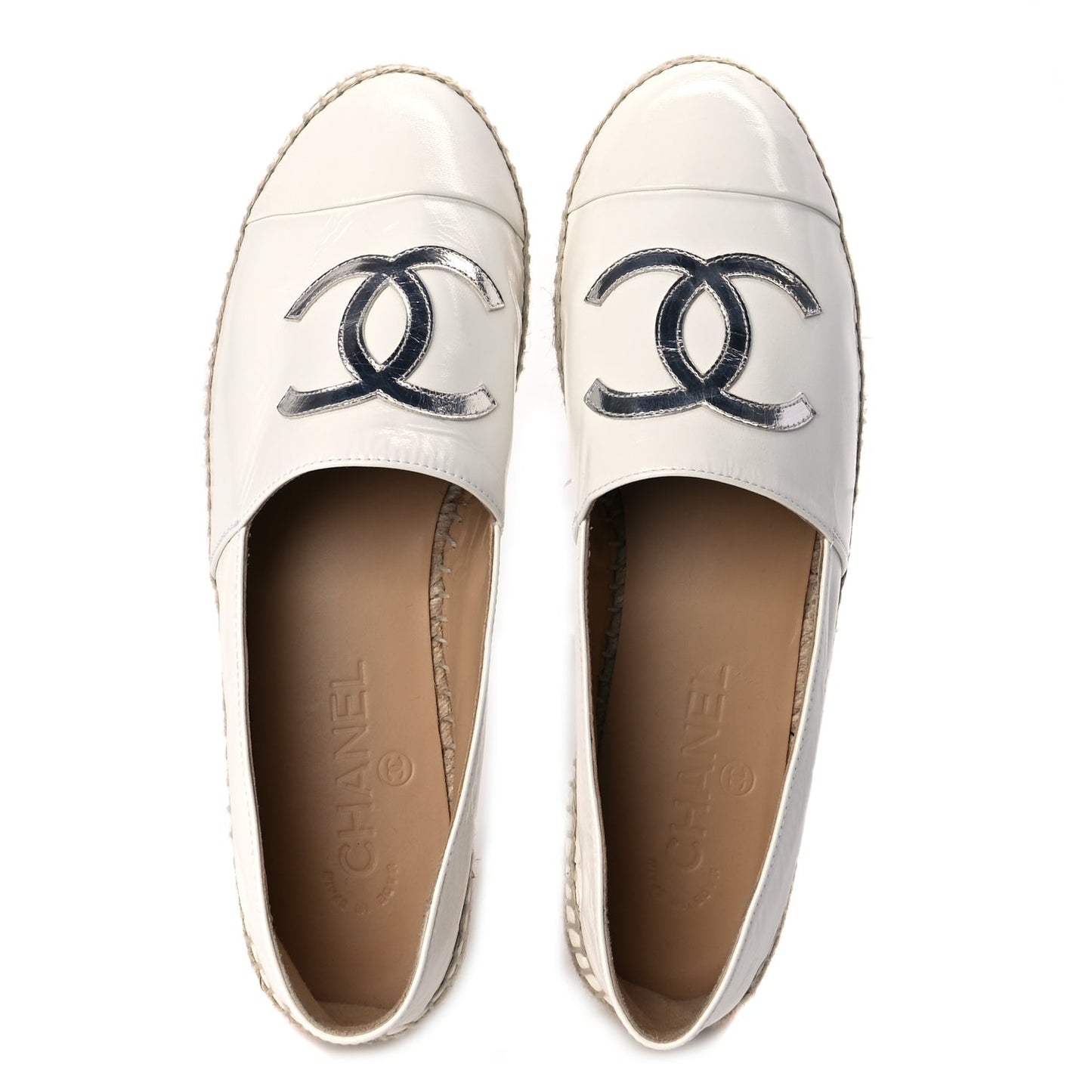 Chanel Distressed Patent CC Espadrilles 40 White Silver