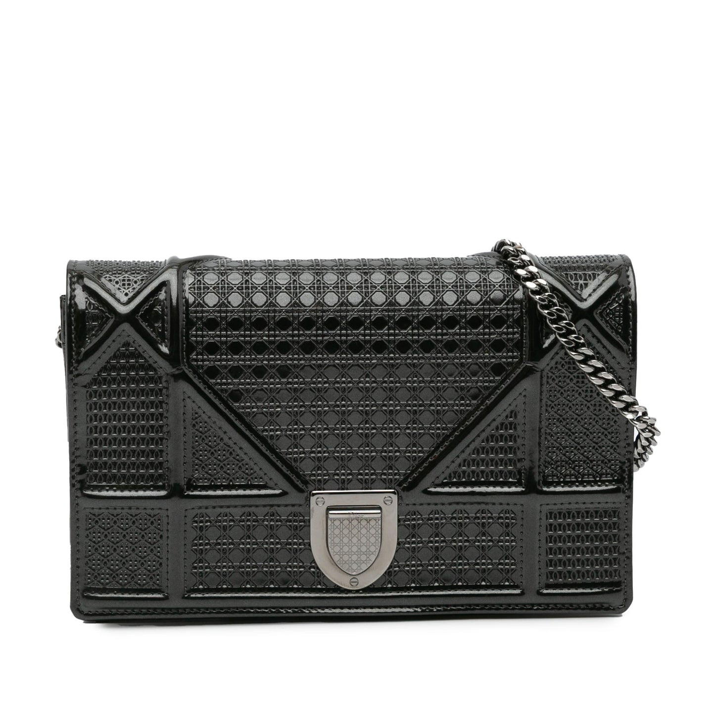 Black Dior Metallic Patent Microcannage Diorama Wallet on Chain Crossbody Bag