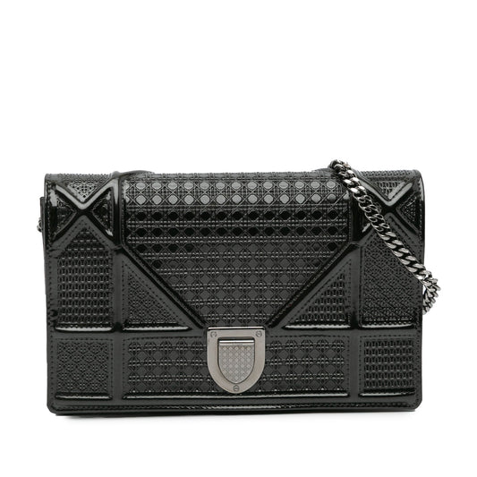 Black Dior Metallic Patent Microcannage Diorama Wallet on Chain Crossbody Bag