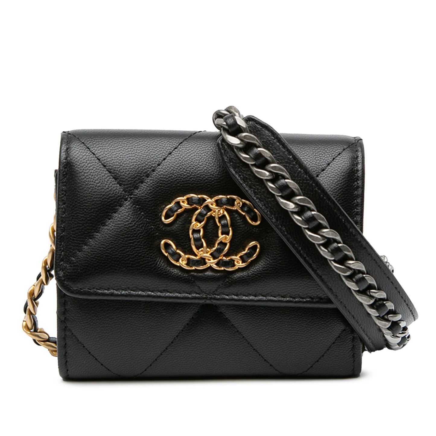 Black Chanel Lambskin 19 Flap Coin Purse With Chain Crossbody Bag