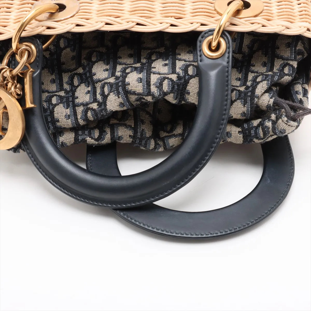 Christian Dior Natural Rattan and Blue Dior Oblique Jacquard Medium Lady Dior Handbag [Clearance Sale]