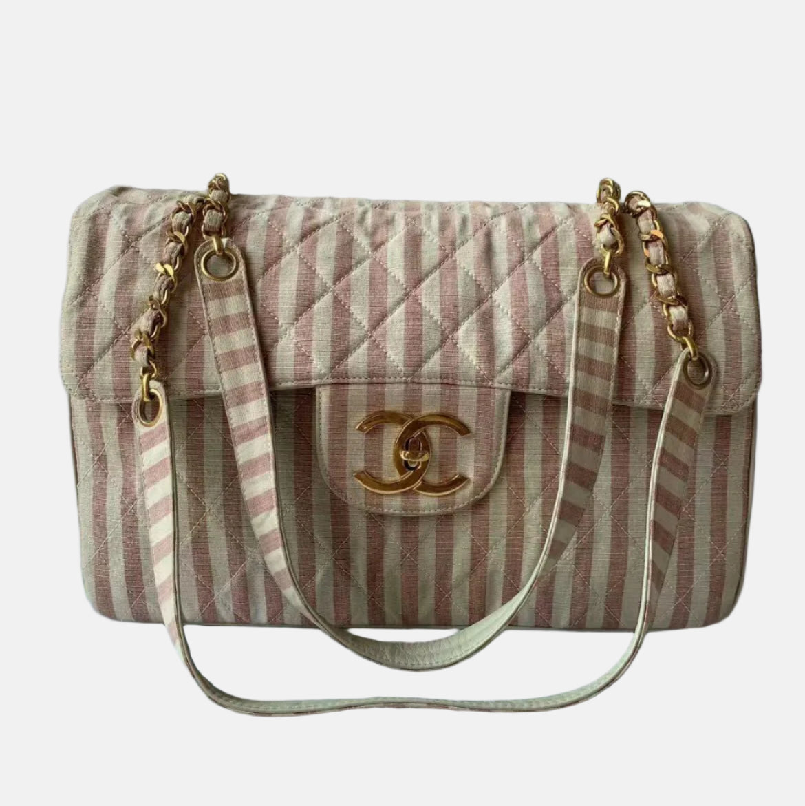 Chanel   XXL Maxi Pink Striped Travel Flap Bag Canvas Gold Hardware