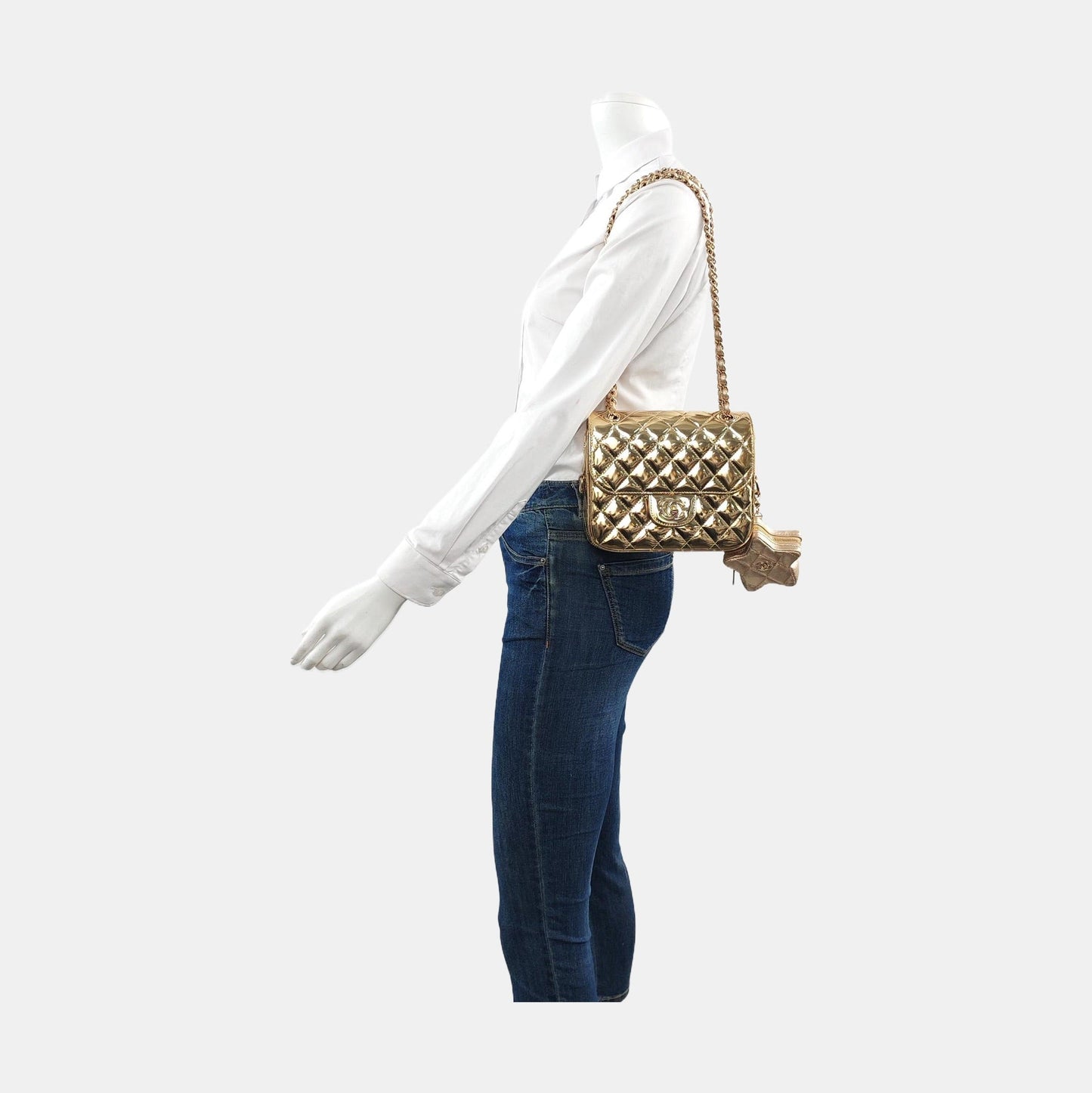 Chanel Classic Flap Mini Square Star Purse Gold Patent Calfskin Leather Mirror Glaze