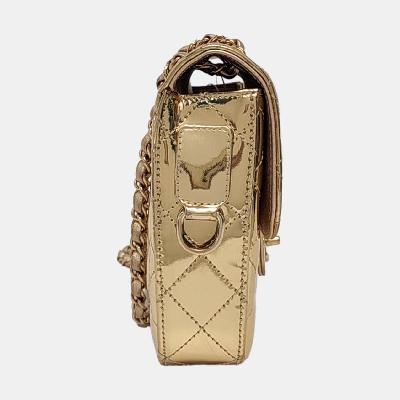 Chanel Classic Flap Mini Square Star Purse Gold Patent Calfskin Leather Mirror Glaze