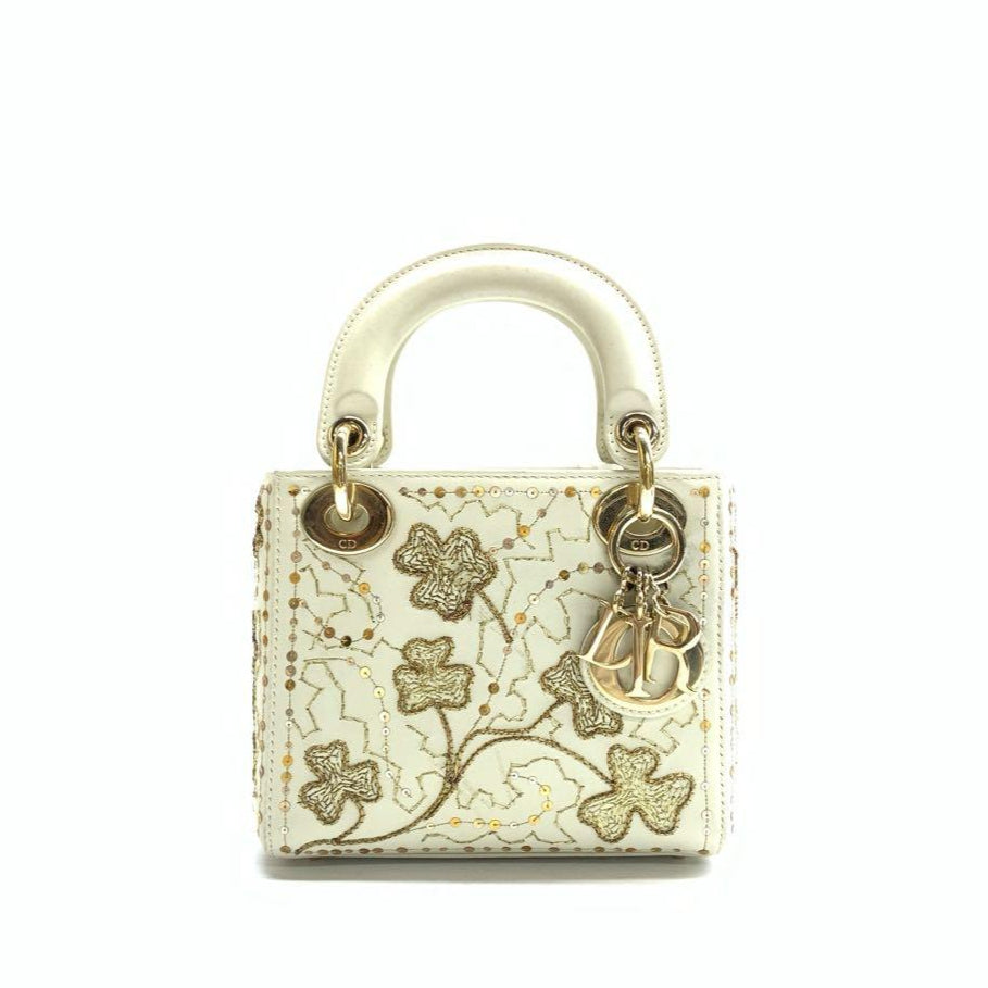 Lady Dior Mini 2018 Embroidered White Calfskin Leather Gold Beads Crossbody Bag