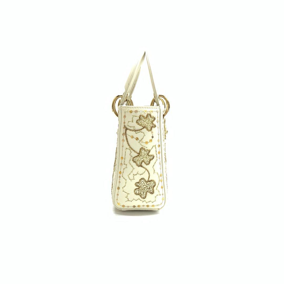 Lady Dior Mini 2018 Embroidered White Calfskin Leather Gold Beads Crossbody Bag