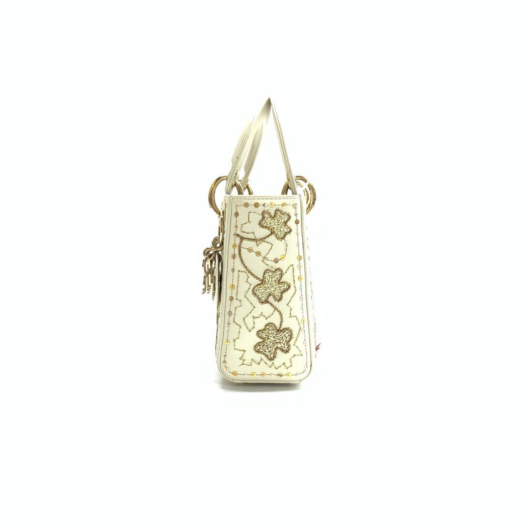 Lady Dior Mini 2018 Embroidered White Calfskin Leather Gold Beads Crossbody Bag