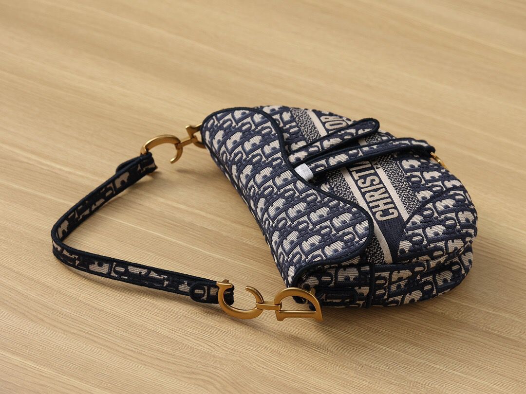 Top Quality Logo Saddle Bag Oblique Embroidered Canvas Blue/Beige For Women 25cm/10in CD