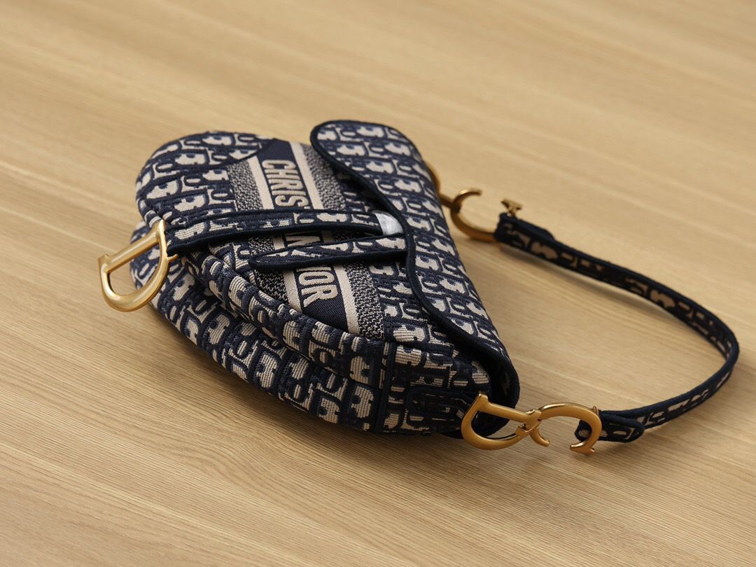Top Quality Logo Saddle Bag Oblique Embroidered Canvas Blue/Beige For Women 25cm/10in CD
