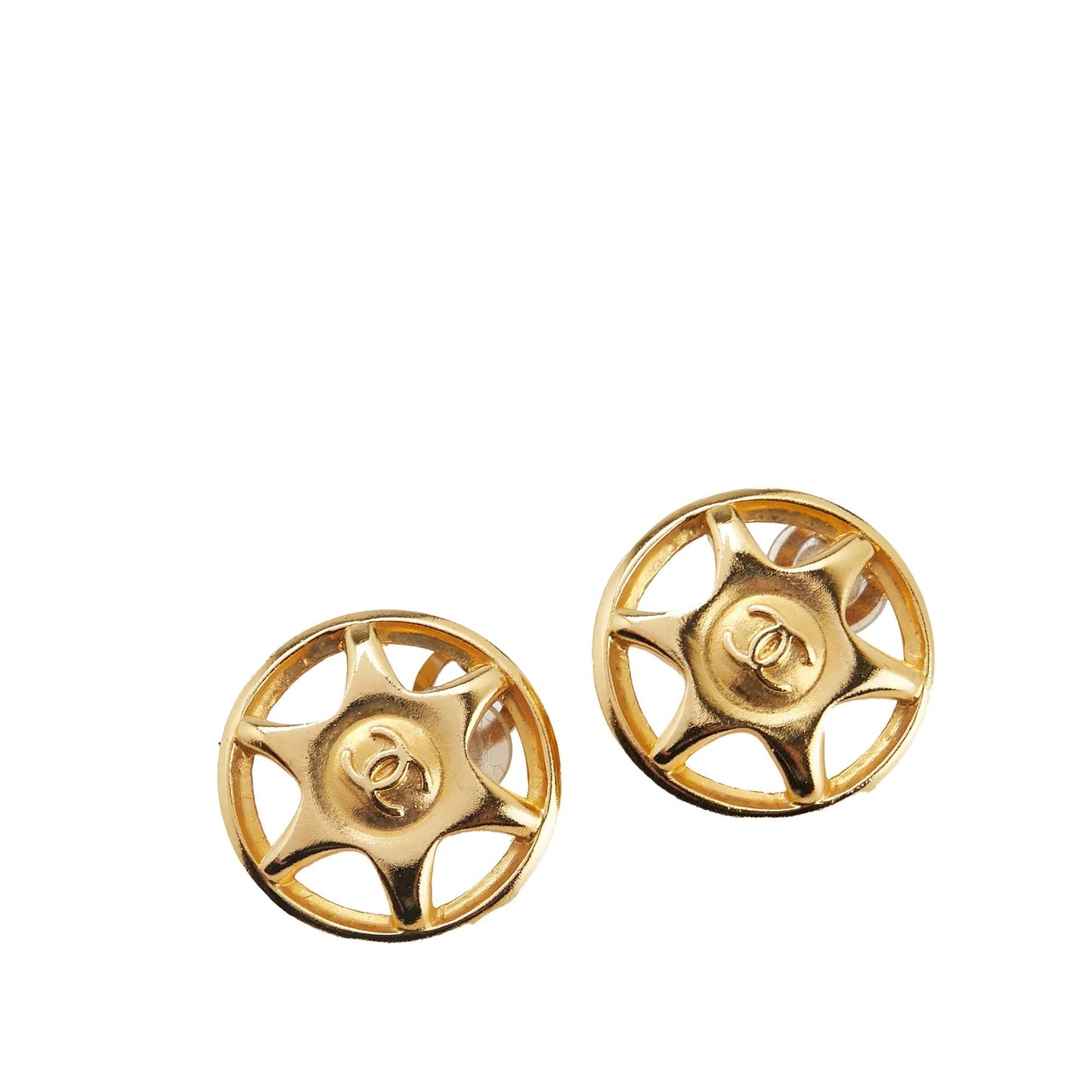 Gold Chanel Gold Plated CC Round Star Clip On Earrings