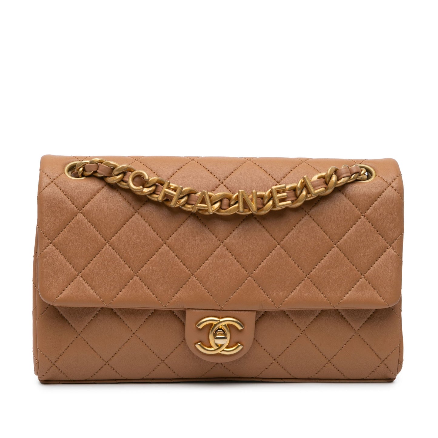 Brown Chanel Medium Quilted Lambskin Logo Letters Chanel Touch Chain Flap Shoulder Bag