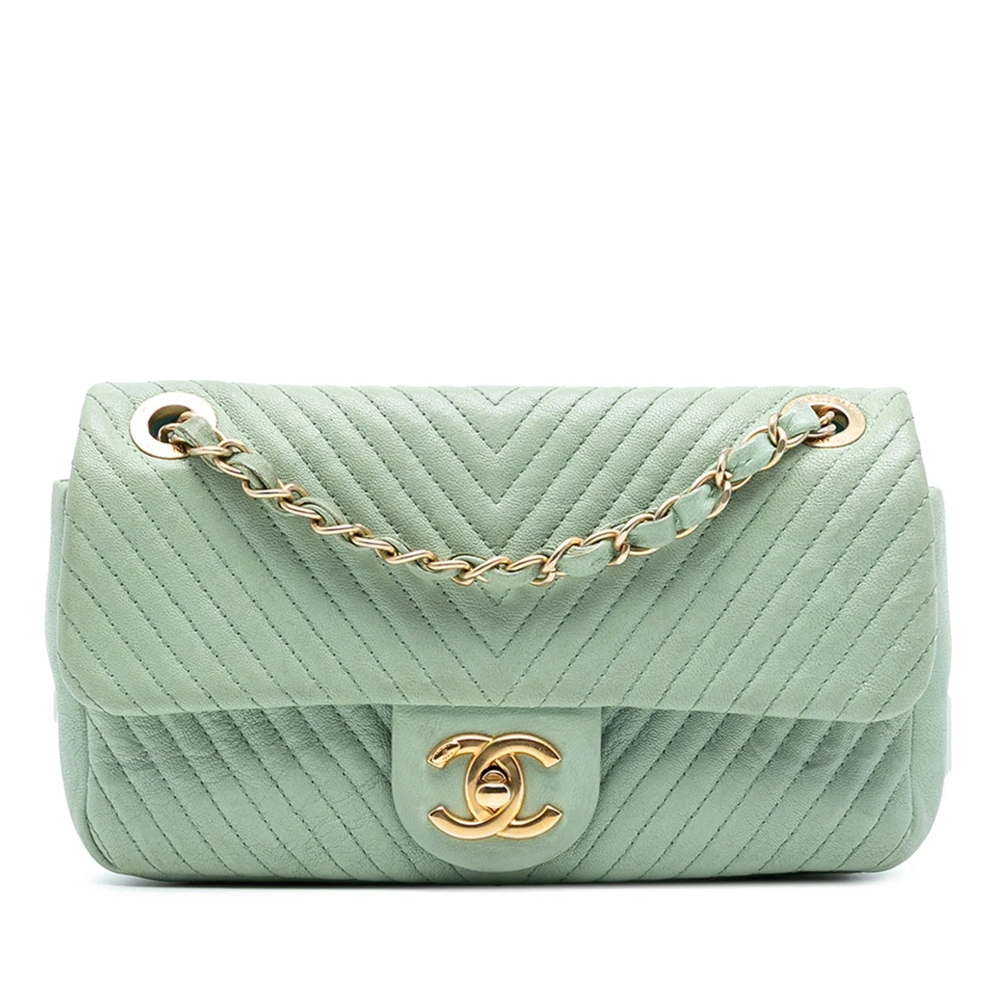 Green Chanel Small Chevron Wrinkled Calfskin Medallion Charm Surpique Flap Shoulder Bag