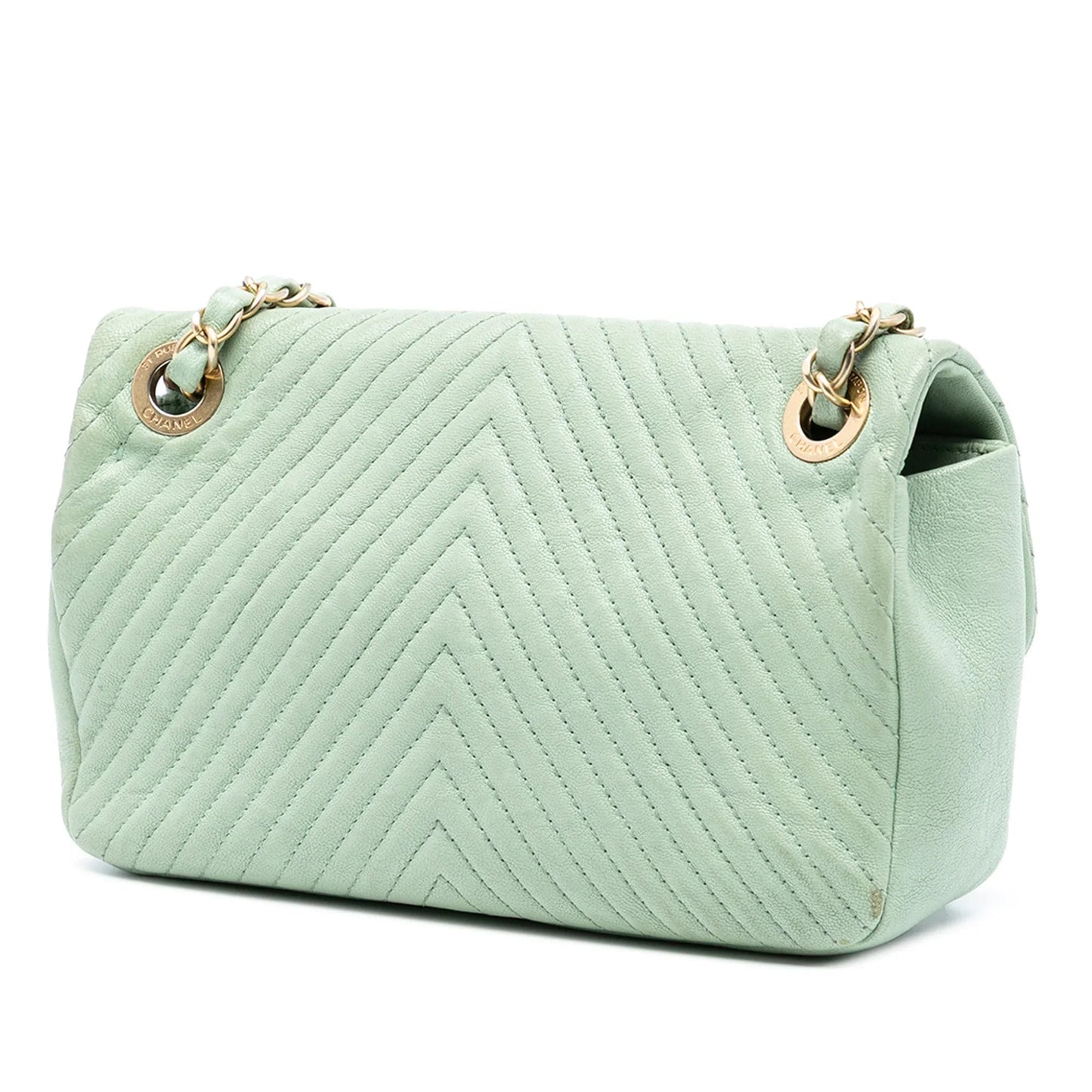 Green Chanel Small Chevron Wrinkled Calfskin Medallion Charm Surpique Flap Shoulder Bag