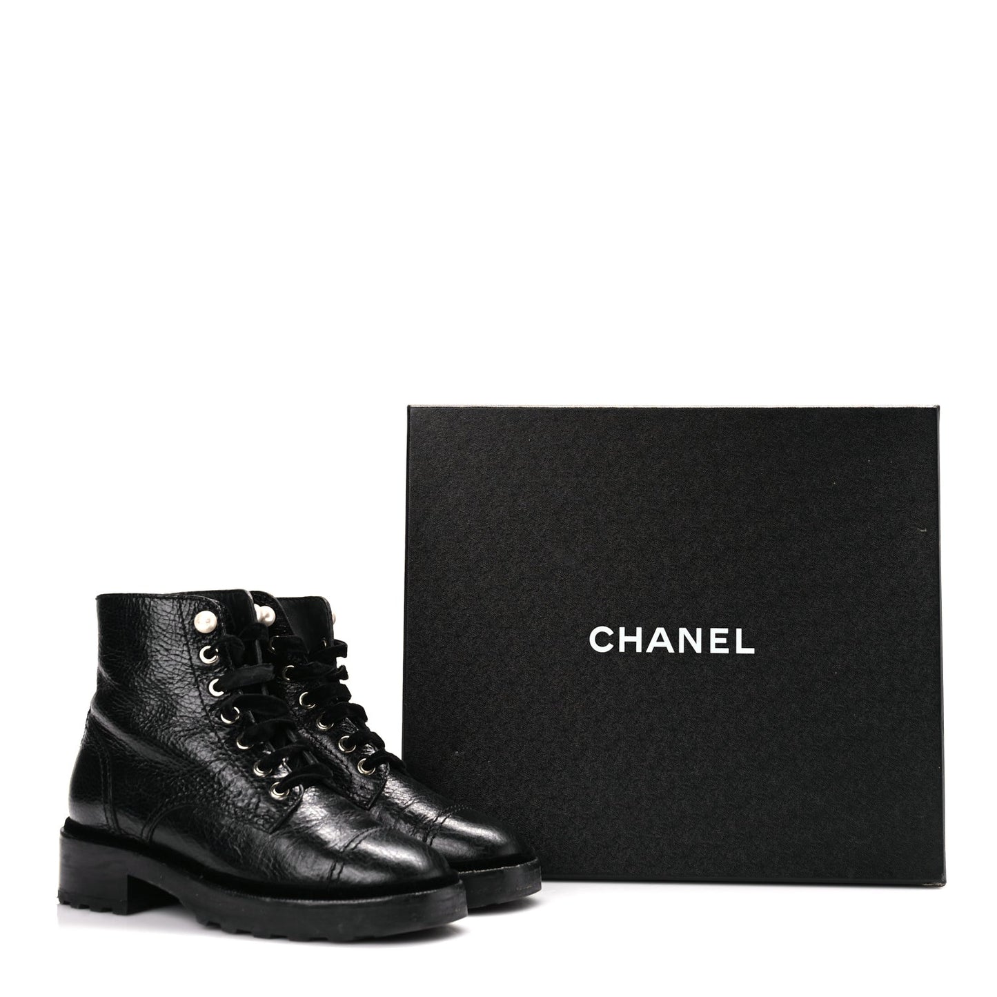 Chanel Shiny Calfskin Velvet Pearl Combat Short Boots  Black