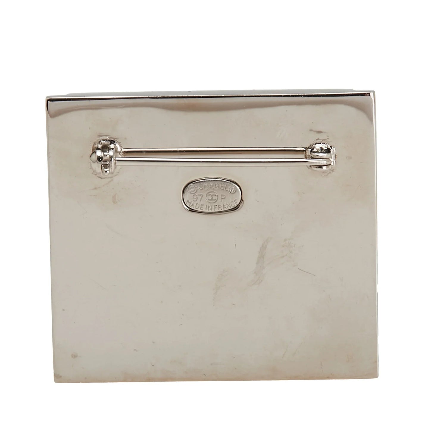 Silver Chanel Palladium Plated Enamel Logo Plate Brooch