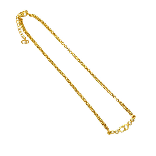 Gold Dior Gold Plated CD Logo Rhinestone Charm Necklace