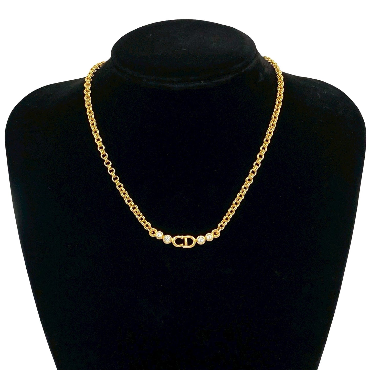 Gold Dior Gold Plated CD Logo Rhinestone Charm Necklace