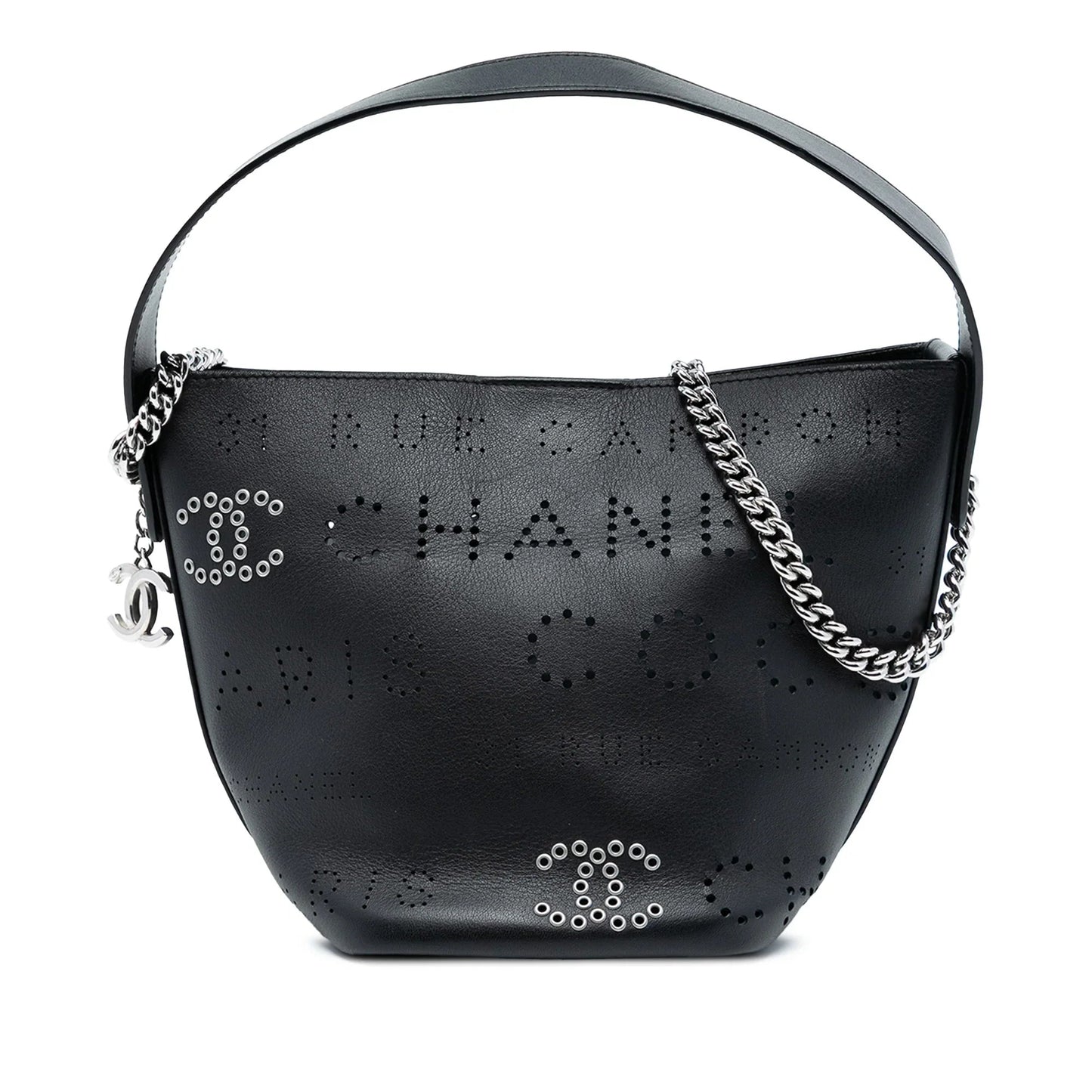 Black Chanel Small Perforated Calfskin Logo Eyelet Bucket Bag