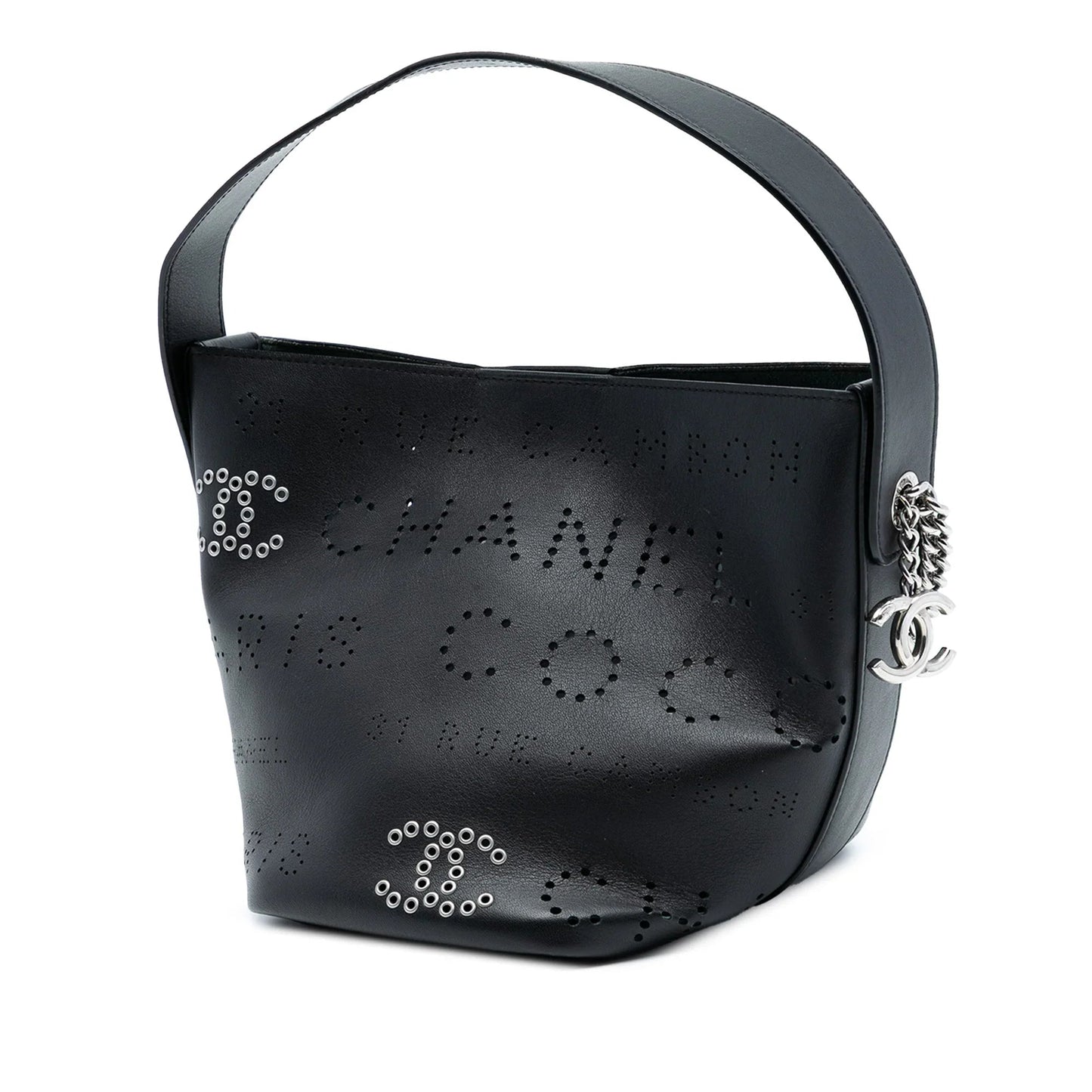 Black Chanel Small Perforated Calfskin Logo Eyelet Bucket Bag