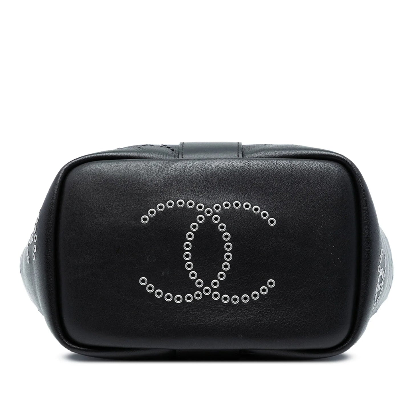 Black Chanel Small Perforated Calfskin Logo Eyelet Bucket Bag