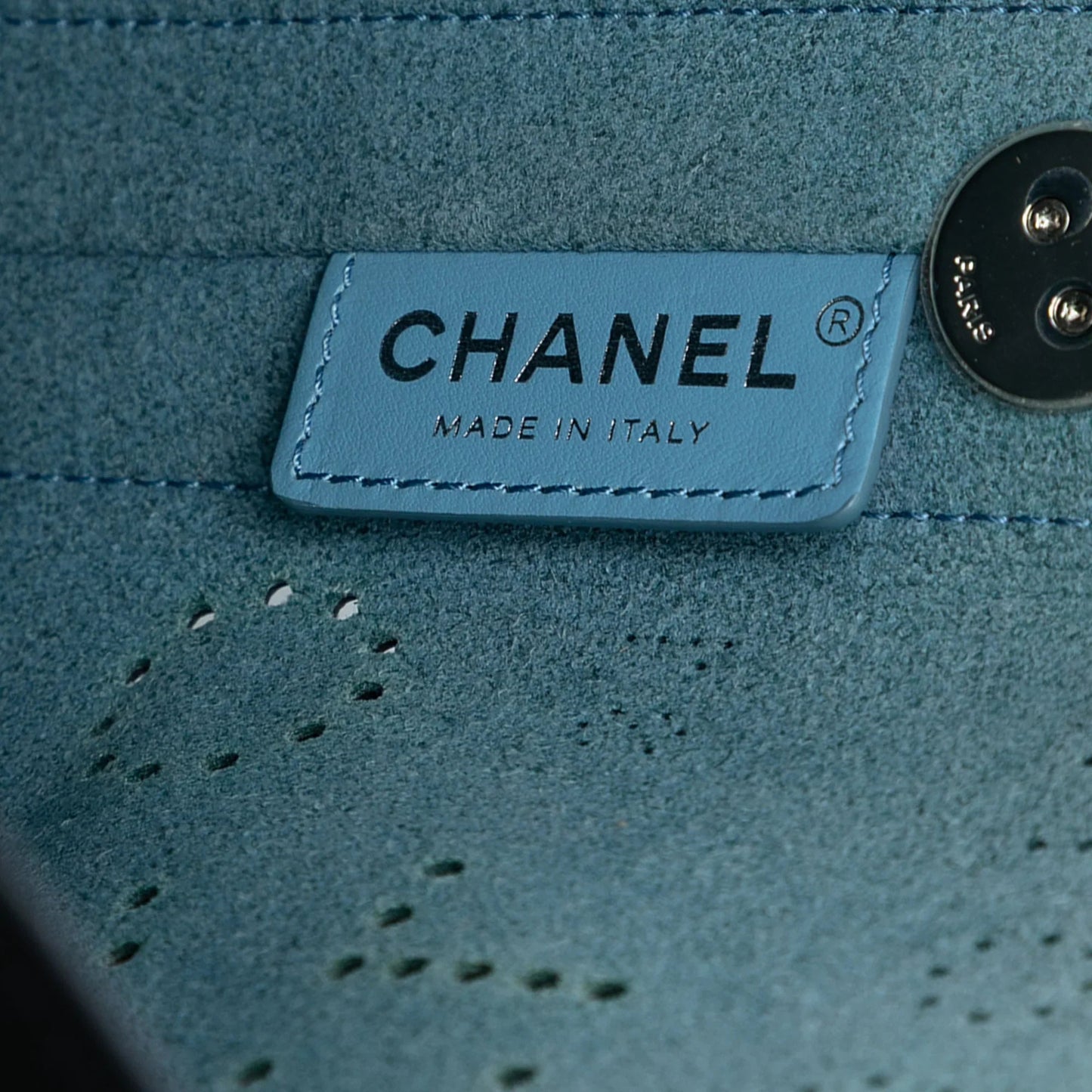Black Chanel Small Perforated Calfskin Logo Eyelet Bucket Bag