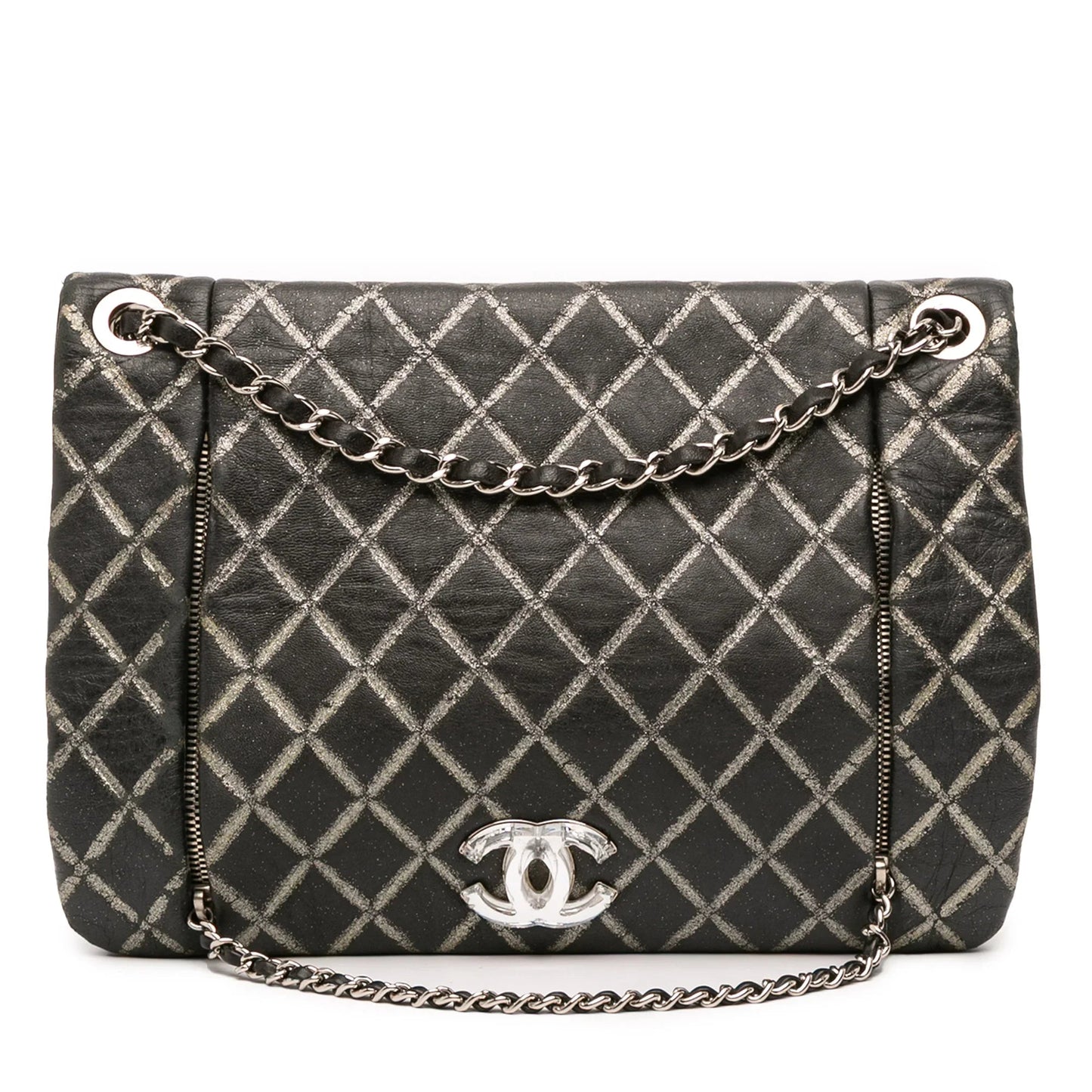 Black Chanel Quilted Metallic Distressed Lambskin CC Crystal Flap Shoulder Bag