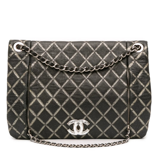 Black Chanel Quilted Metallic Distressed Lambskin CC Crystal Flap Shoulder Bag