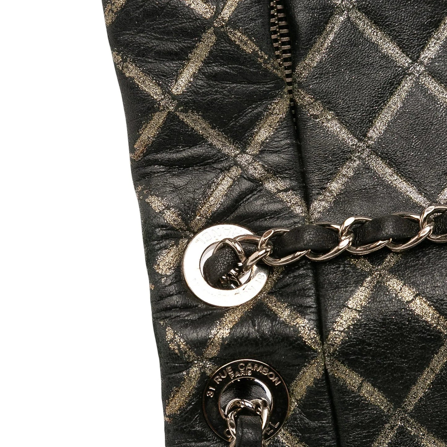Black Chanel Quilted Metallic Distressed Lambskin CC Crystal Flap Shoulder Bag
