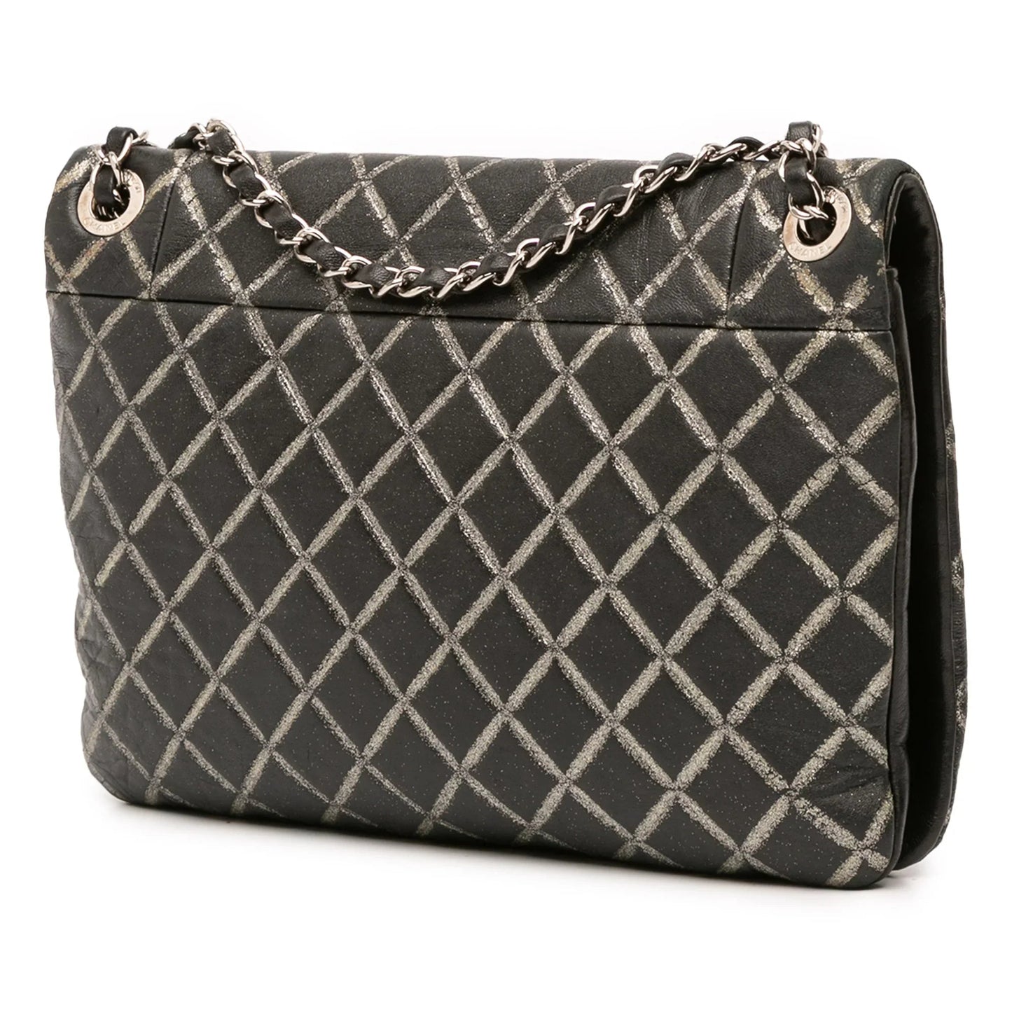 Black Chanel Quilted Metallic Distressed Lambskin CC Crystal Flap Shoulder Bag