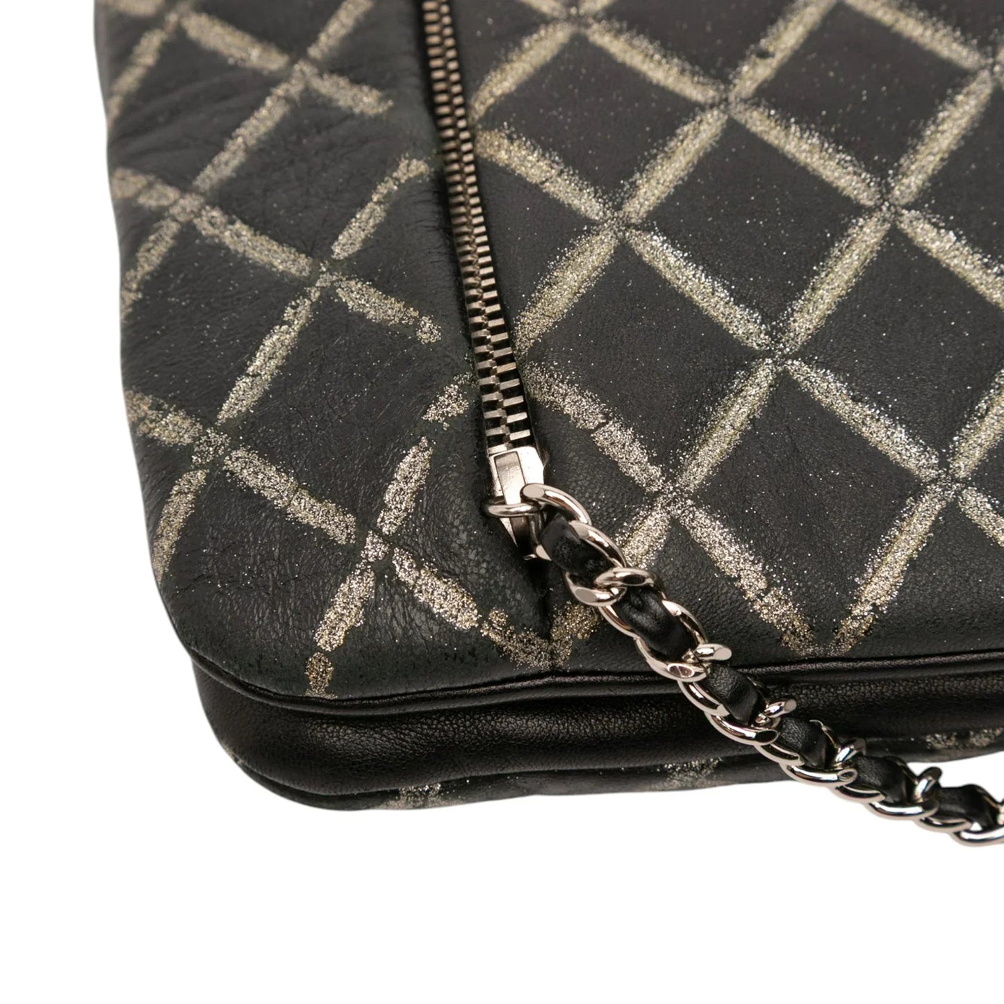Black Chanel Quilted Metallic Distressed Lambskin CC Crystal Flap Shoulder Bag