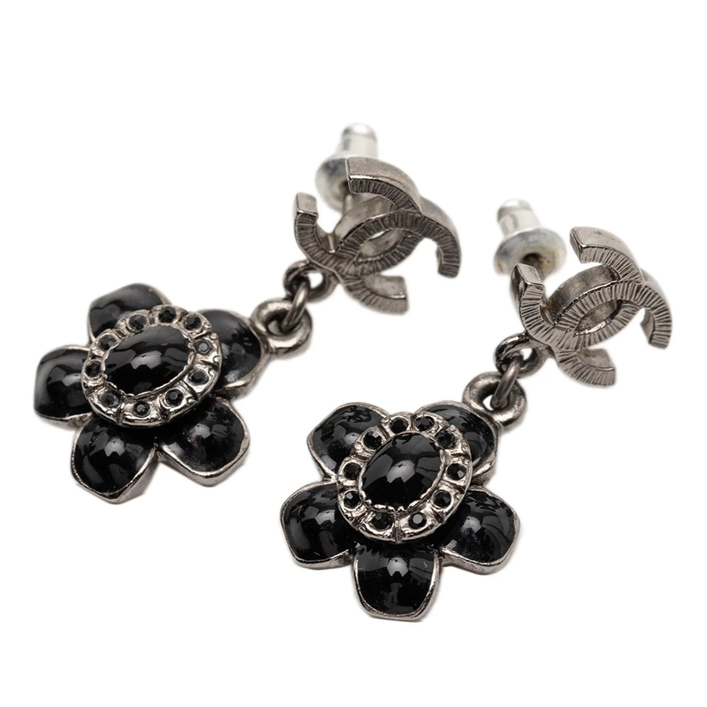 Silver Chanel CC Silver Plated Enamel Flower Drop Earrings