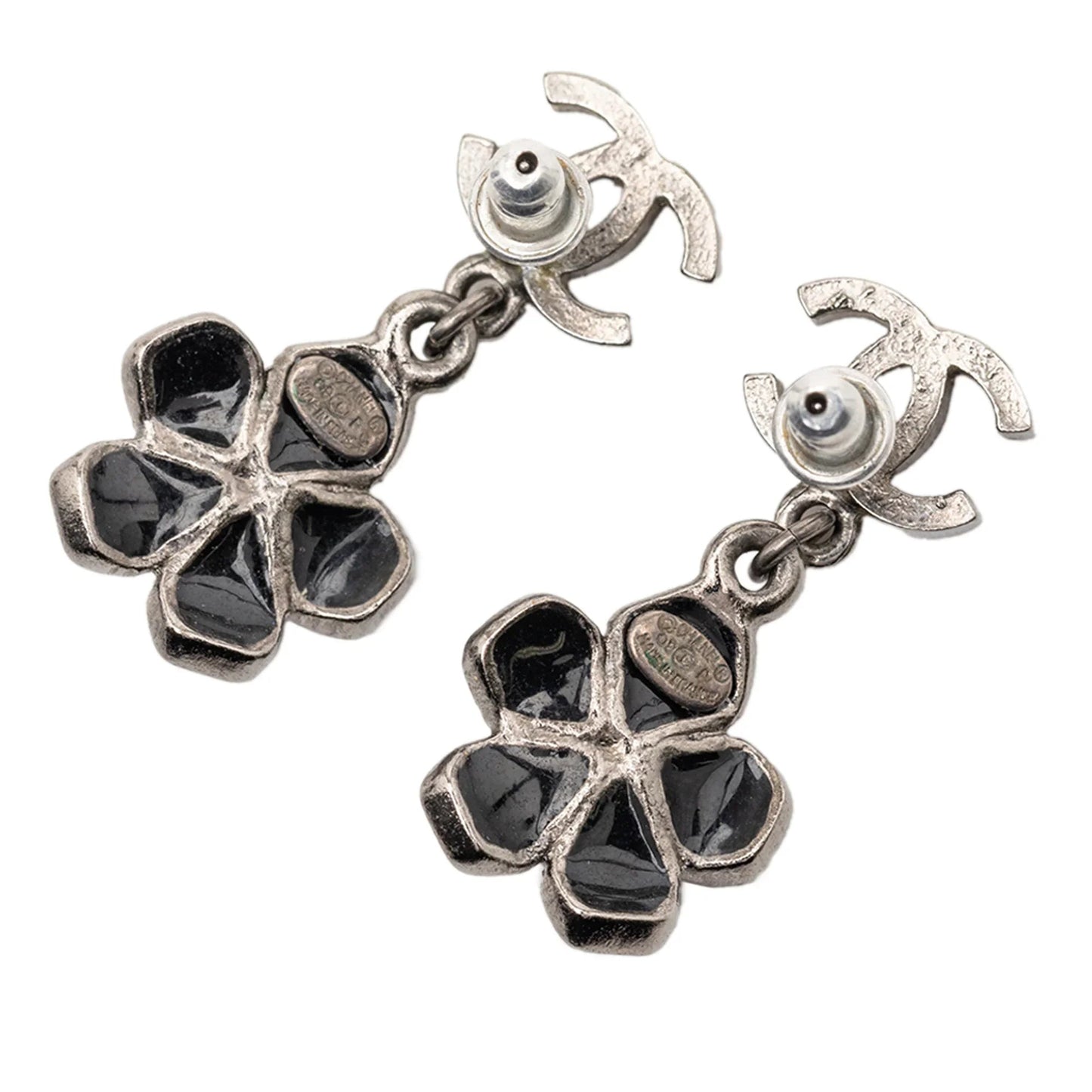Silver Chanel CC Silver Plated Enamel Flower Drop Earrings